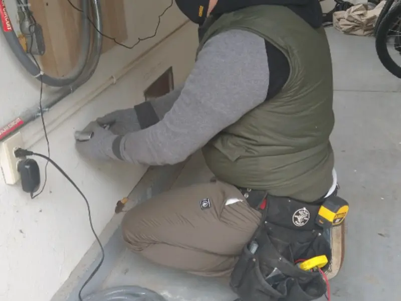 Electrician performing outlet wiring in a Yucca Valley garage